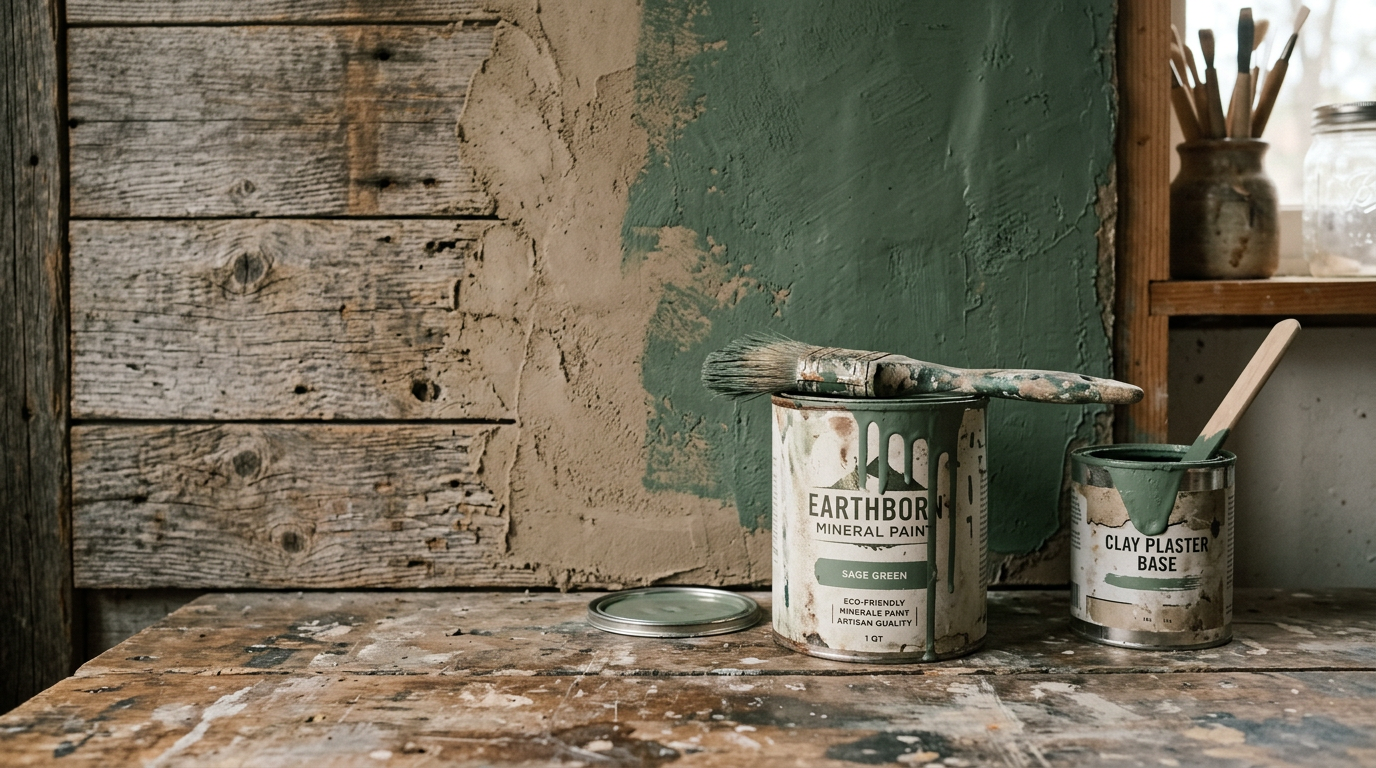 Cans of Earthborn sage green mineral paint and clay plaster base with paintbrushes